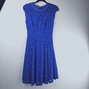 MEETJEN Royal Blue Lace Dress Womens S Midi Length Cap Sleeve Stretch Comfy NICE